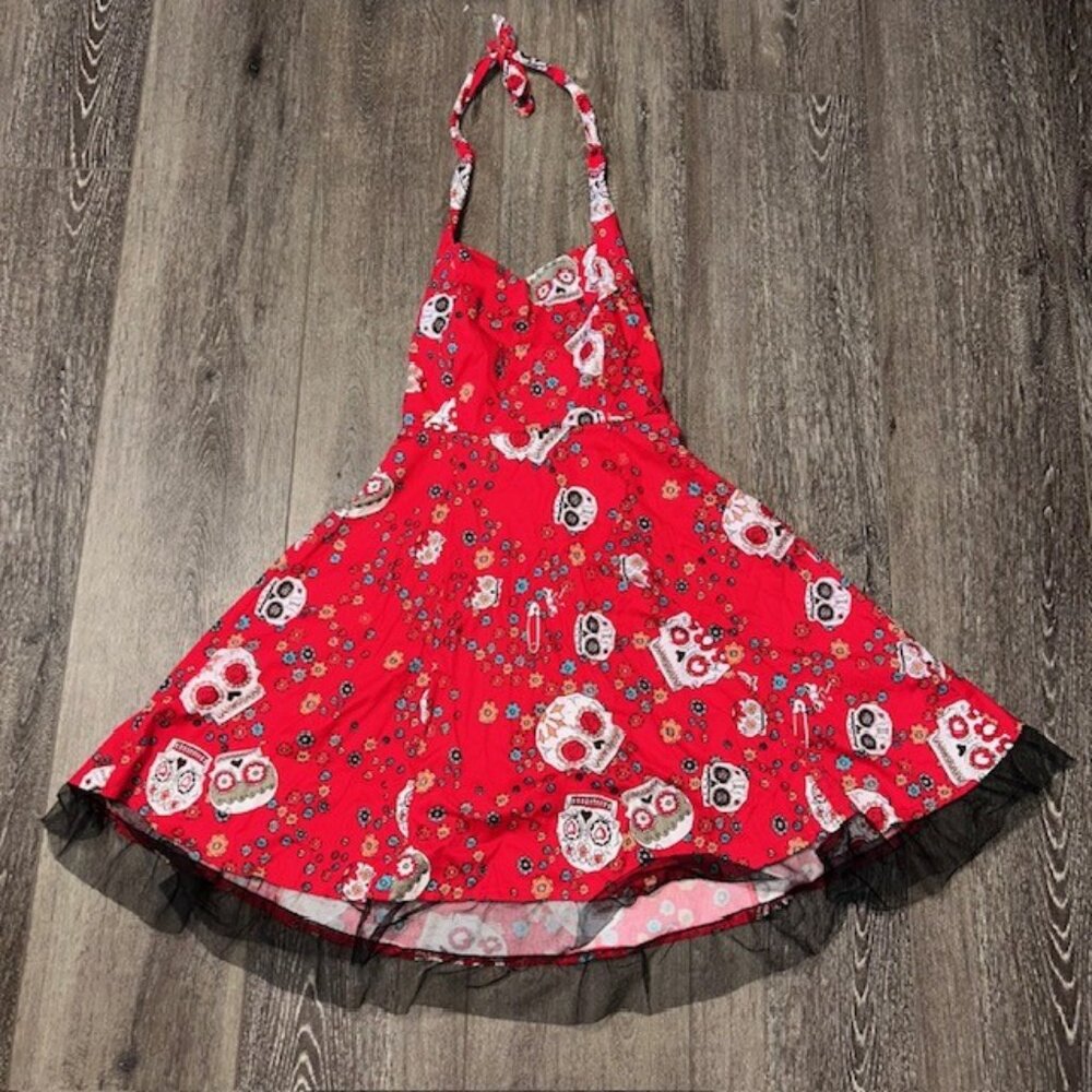 Oten Dress Women's Large L Sleeveless Skull Print Knee Length Sundress Red Black